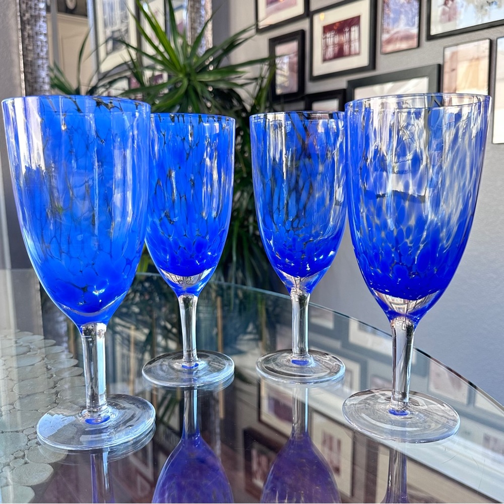Set of 4 Modern Cobalt Blue Speckled Confetti Oversized 9โ Water Goblets ๐ฆ